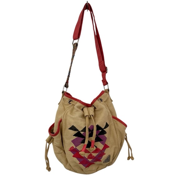 ROXY Tan Pink Black Women's Crossbody Drawstring Bucket Bag Adjustable Strap - Picture 1 of 8
